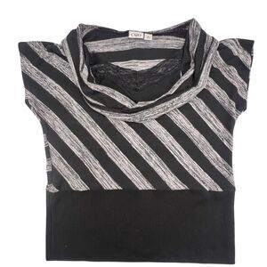 Cato Blouse XL Black Gray Diagonal Stripes Cowl Neck Ribbed Hem Asymmetrical Top